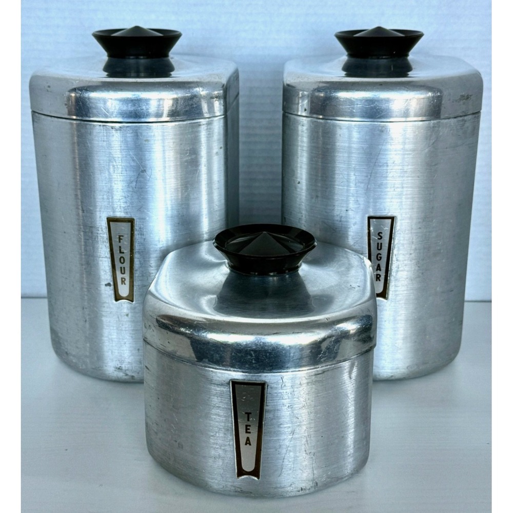 Kromex Aluminum Canister Set of 3 Flour Sugar Tea Vintage 1950s